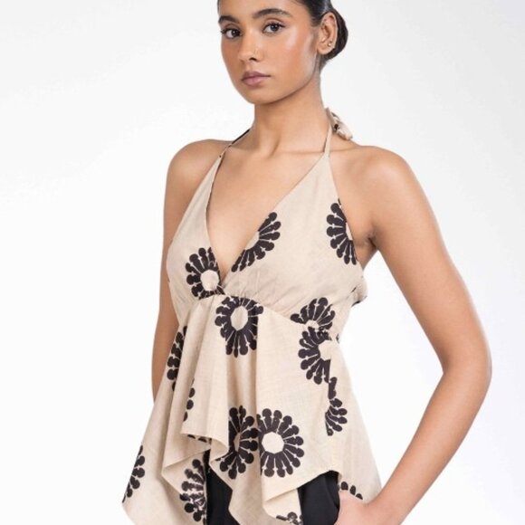 Women's Off White Floral Halter Neck Top, Sleeveless Woven Cotton, Gift for Her - Picture 3 of 8